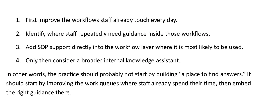 Opportunity Map excerpt recommending workflow improvements before a broader knowledge assistant